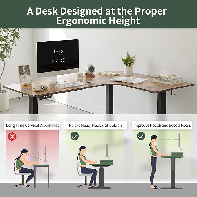 FEZIBO 75 Inches, Supports over 300mlbs, L Shaped Standing Desk Reversible, Electric Height Adjustable Corner Stand up Desk, Sit Stand Desk Computer Workstation, Black Frame/Rustic Brown Top - LeafyLoom