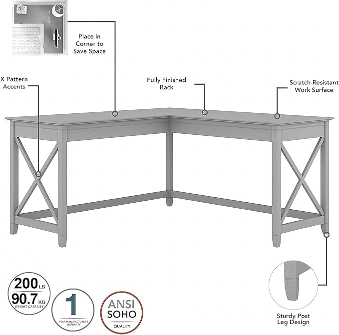 Bush Furniture Key West 60W L Shaped Desk with 2 Drawer Mobile File Cabinet in Cape Cod Gray - LeafyLoom