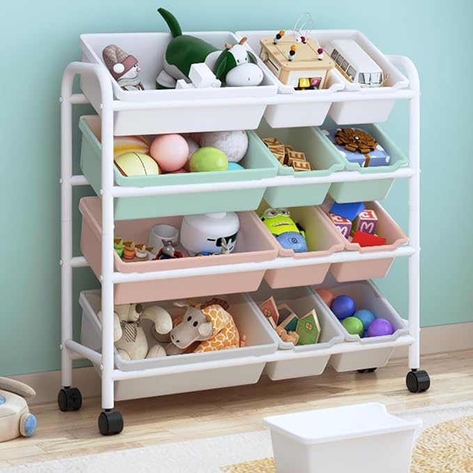 Kids Toy Storage Organizer with 12 Plastic Bins, 4-Tier Metal Toy Storage Rack, Metal Toy Organizer with Storage Bins for Kids Room, Playroom and Nursery, Multi-Color - LeafyLoom