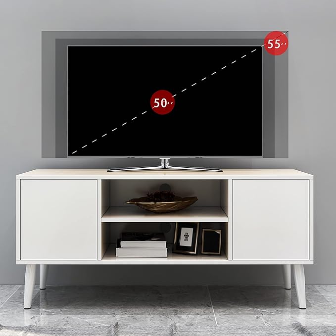 Yusong Retro TV Stand for 55 Inch TV, Entertainment Centers for Living Room Bedroom, Wood TV Bench Table TV Console TV Cabinet with 2 Storage Cabinets and Open Shelves,White - LeafyLoom