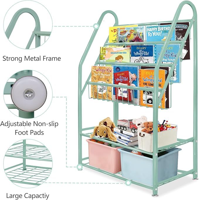 aboxoo Metal Kids Bookshelf Green Bookcase Freestanding for Children Room 24 in Toy Organizer Green Stable Bookcase Bookstore Library Book Unit Storage - LeafyLoom