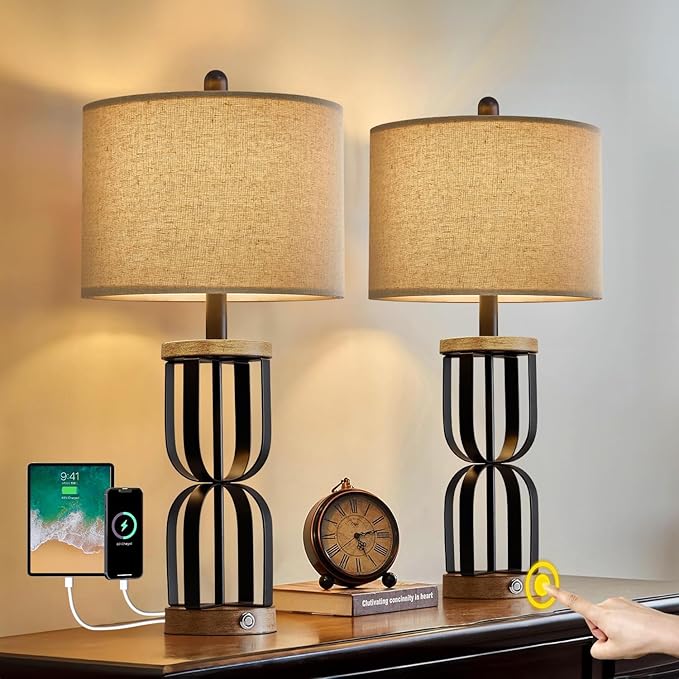 25" Industrial Dual USB Charging Ports 3-Way Dimmable Touch Control Table Lamp Nightstand Lamp Vintage Modern Bedside Lamps for Living Room Bedroom Hotel - LeafyLoom