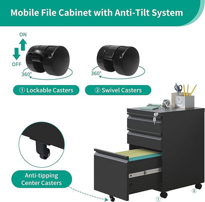 3 Drawer Mobile File Cabinet with Lock, Under Desk Metal Filing Cabinet, Fully Assembled Rolling File Cabinet with Wheels for Home Office Letters/Legal/A4 (Black) - LeafyLoom