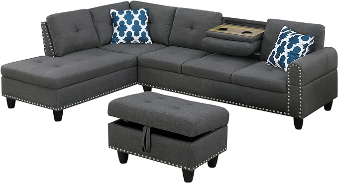 RITSU Minimalist 98in L Shaped Sectional Sofa with Storage Ottoman, Left-Facing Chaise Longue, Reversible Backrest w/ 2 Cup Holders, Linen Fabric, Suitable For Living Room,Apartment,Dark Gray, 71 inch - LeafyLoom