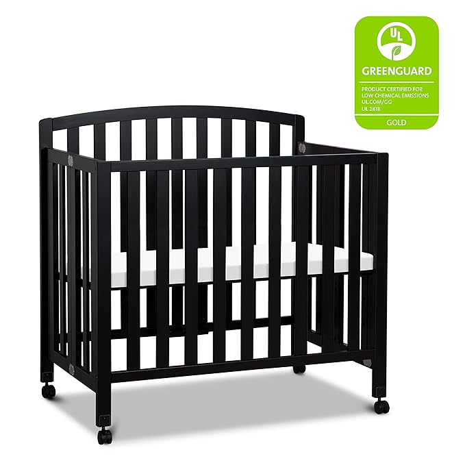 DaVinci Dylan Folding Portable 3-in-1 Convertible Mini Crib and Twin Bed in Ebony, Greenguard Gold Certified - LeafyLoom