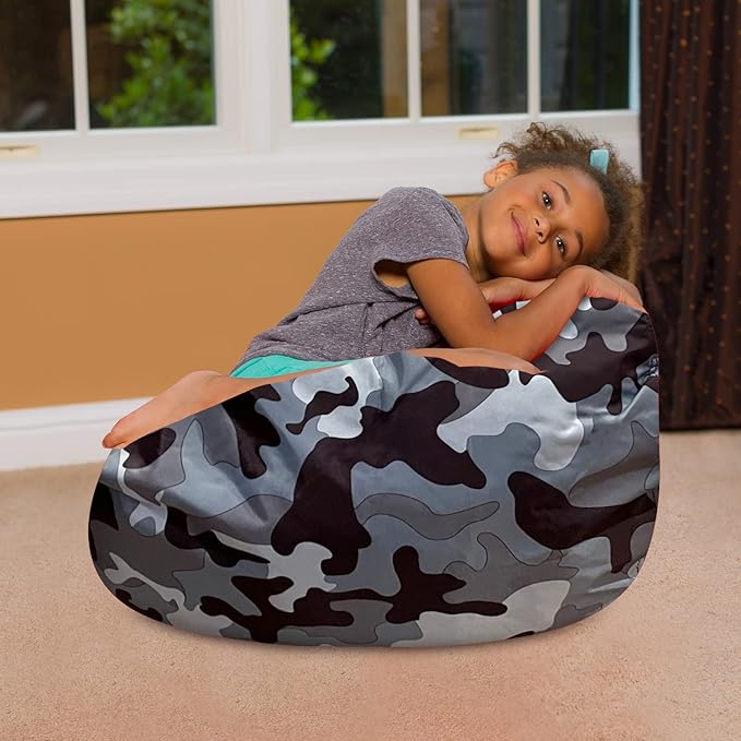 Posh Creations Bean Bag Chair for Kids, Teens, and Adults Includes Removable and Machine Washable Cover, Soft Nylon - Camo Gray and White, 27in - Medium - LeafyLoom