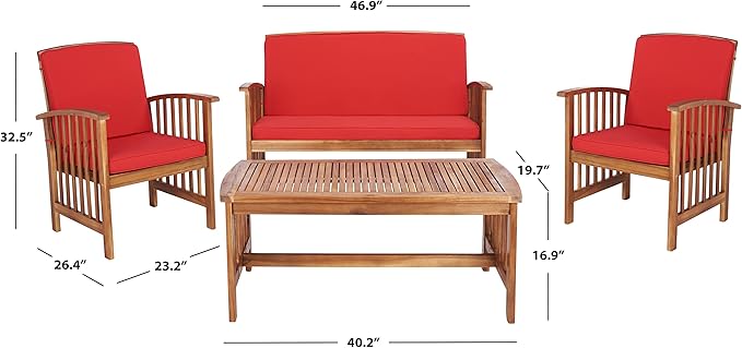 SAFAVIEH Outdoor Collection Rocklin Natural/ Red Cushion 4-Piece Conversation Patio Set - LeafyLoom