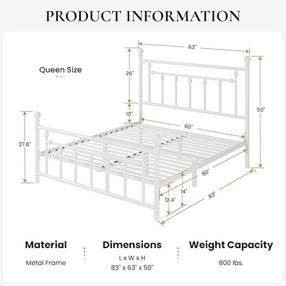 SHA CERLIN 14'' Queen Size Metal Platform Bed Frame/Victorian Headboard and Footboard/Steel Slats Mattress Foundation for Storage/No Box Spring Needed/Noise Free/Off-White - LeafyLoom