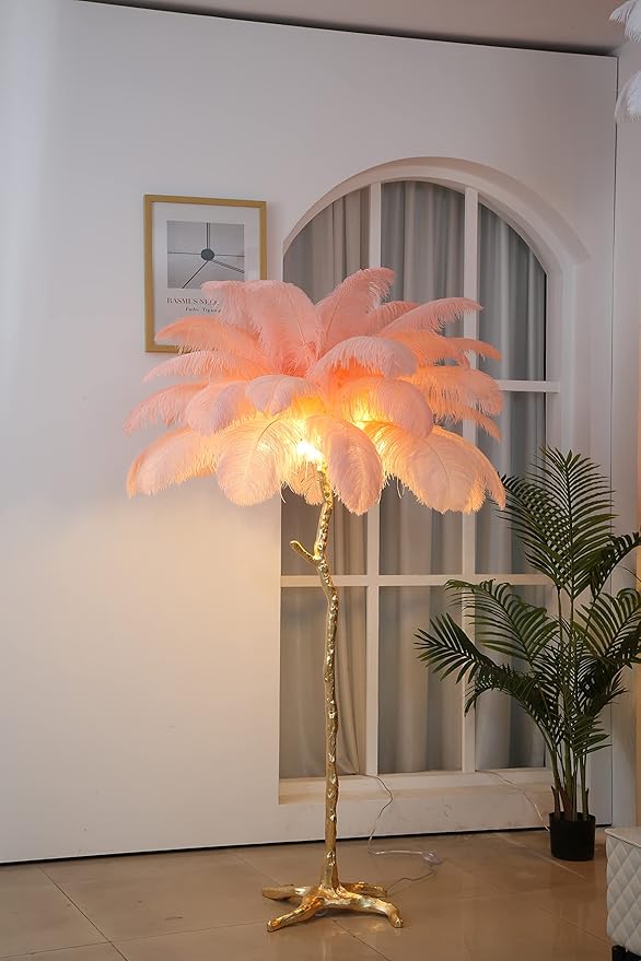 Luxury Resin Ostrich Feather Lamp, 35 Pieces real ostrich feathers,Feather Floor Lamp,Standing Lamp for Living Room, Bedroom and Office 67” Tall Feather Lamp (Pink) - LeafyLoom