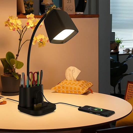 LED Desk Lamp with 2 USB Charging Port, 2 Pen Holders 3 Color Modes Dimmable Reading Light Desk Light, LED Small Desk Lamp Flexible Gooseneck Touch Table Lamp for Bedside Office Home, AC Adapter - LeafyLoom