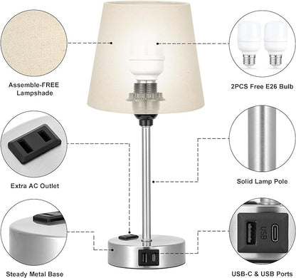 Table Lamps for Bedrooms Set of 2 Bedside - Nightstand Bedroom Lamp with USB C Port and AC Outlet Charging, Dimmable Touch Small End Side Lamp, Beige Night Stand Light for Kid/Guest Room/Living Room - LeafyLoom