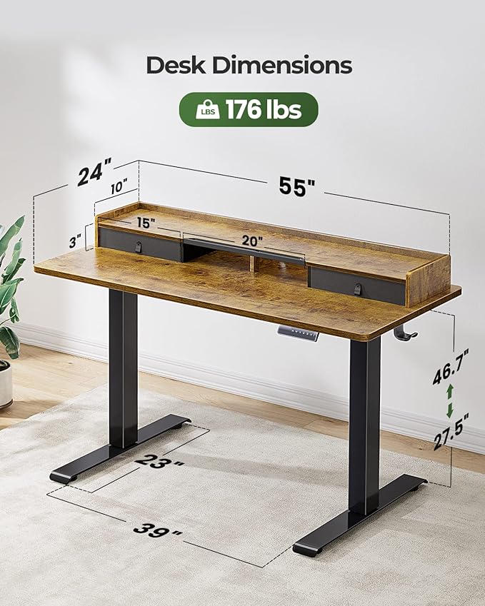 Marsail Electric Standing Desk with Dual Drawers (55 inch, Vintage) - LeafyLoom