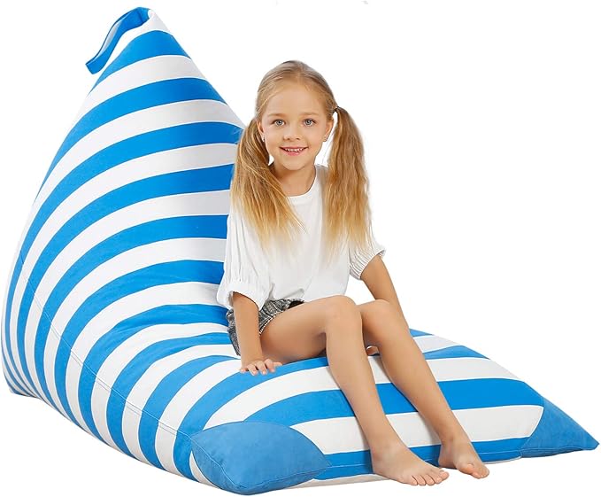 Aubliss Stuffed Animal Storage Bean Bag Chairs Cover, 50"x 35" Extra Large Bean Bags Chair for Kids & Adults, Beanbag Toy Storage for Boys Girls - Premium Cotton Canvas Blue Stripe - LeafyLoom