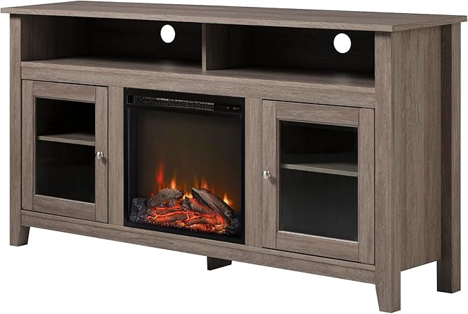 Walker Edison Glenwood Rustic Farmhouse Glass Door Highboy Fireplace TV Stand for TVs up to 65 Inches, 58 Inch, Driftwood - LeafyLoom