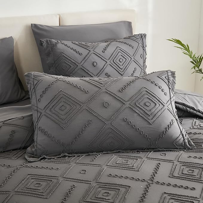 EMME Twin Comforter Set - 5 Pcs Dark Grey Boho Bedding Sets, Twin Size Tufted Comforter with Sheets, Shabby Chic Embroidery Bed Set Fluffy Bed Bag for All Season(68"X90") - LeafyLoom