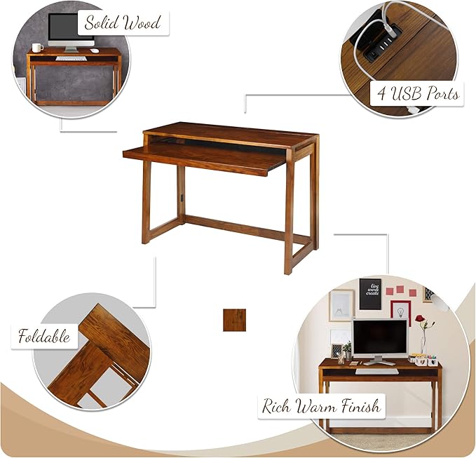 Casual Home Pull-Out & USB Port Folding Desk, Warm Brown (New) - LeafyLoom