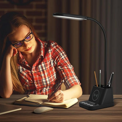 College Dorm Room Essentials Desk Lamp for Girls/Guys/Teens, Small Desk Lights with Wireless Charger, LED Black Reading Lamps for Home Office, Pen Holder, Kids Study Lamp with Storage - LeafyLoom