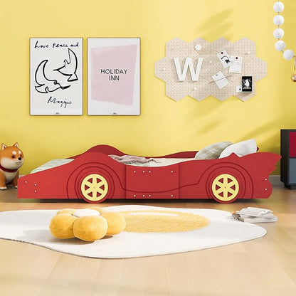 Car Shaped Toddler Bed with Wheels,Racecar Platform Beds W/Safety Guardrail,Slats Support,Stylish Design,Easy Assembly,Wood Twin Bedframe for Boys Toddlers Kids Teens Bedroom,Red - LeafyLoom