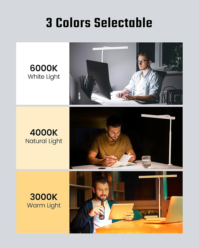 SUPERDANNY LED Desk Lamp for Home Office, Eye-Caring Desk Light with Adjustable Gooseneck, 12W Touch Control Dimmable Brightness, Architect Clamp Lamp with USB Adapter, White - LeafyLoom