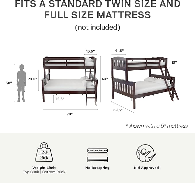 DHP Airlie Convertible Wood Bunk Bed, Stackable and Detachable Bed Frames for Kids and Teens, with Angled Ladder, High Guardrail, Wood Slats, No Boxspring Required, Twin-Over-Full, Espresso - LeafyLoom