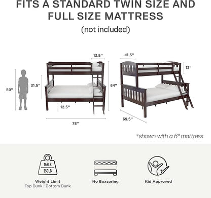 DHP Airlie Convertible Wood Bunk Bed, Stackable and Detachable Bed Frames for Kids and Teens, with Angled Ladder, High Guardrail, Wood Slats, No Boxspring Required, Twin-Over-Full, Espresso - LeafyLoom