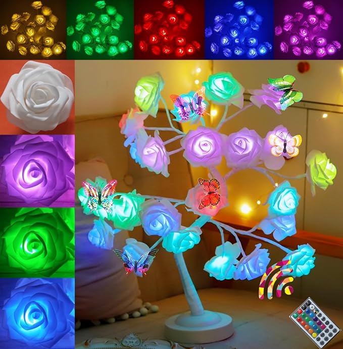 Table Lamp Rose Flower Tree Lamp with 16 Color Changing with Christmas Birthday Gift for Girl Kids Women for Holiday and Party Home Room Decoration(Big rose+5Layers+24Led)… - LeafyLoom