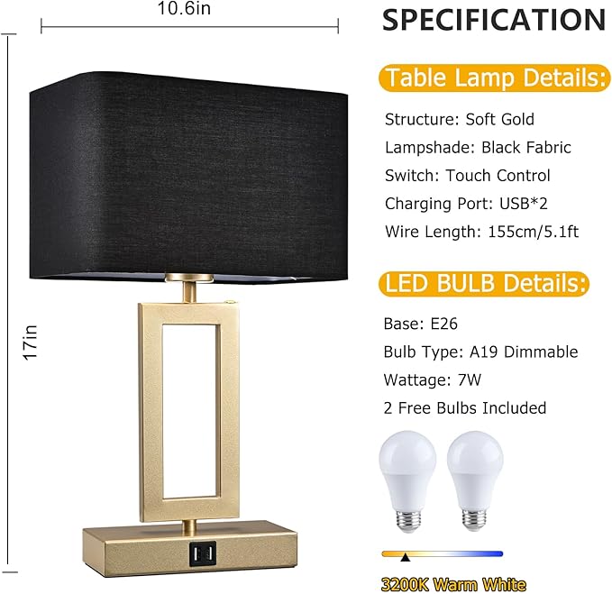 Black Table Lamps Set of 2 with Dual USB Ports,3-Way Dimmable Touch Control Bedside Lamps,Modern Bedroom Table Lamp for Living Room,Nightstand LED Bulbs Included - LeafyLoom