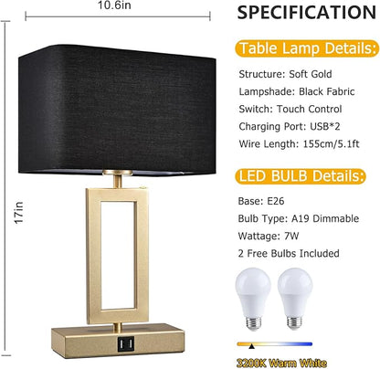 Black Table Lamps Set of 2 with Dual USB Ports,3-Way Dimmable Touch Control Bedside Lamps,Modern Bedroom Table Lamp for Living Room,Nightstand LED Bulbs Included - LeafyLoom