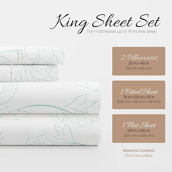 Linen Market 4 Piece King Bedding Sheet Set (Vines Aqua) - Sleep Better Than Ever with These Ultra-Soft & Cooling Bed Sheets for Your King Size Bed - Deep Pocket Fits 16" Mattress - LeafyLoom