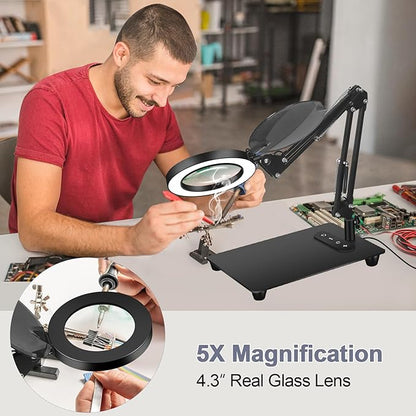 Magnifying Glass with Light with Base Controler, 5 Color Modes Stepless Dimmable LED Lighted Desk Lamp,Magnifying Glass with Light and Stand, Hands-Free Desk Magnifier Light for Craft Hobby Painting - LeafyLoom