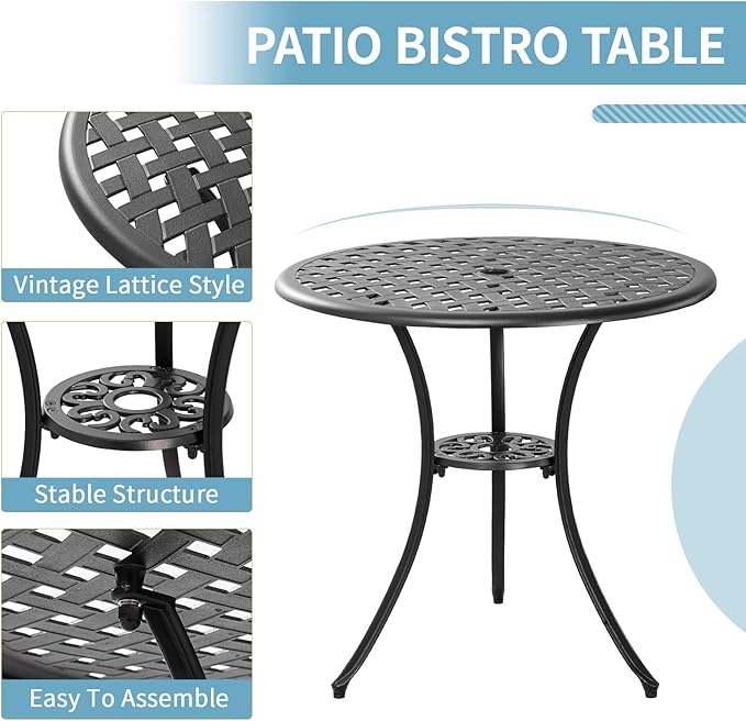 3 Piece Bistro Table Set Anti-Rust Outdoor Bistro Set Cast Alumiunm Patio Table and Chairs Set for 2, Patio Bistro Set Furniture Black - LeafyLoom