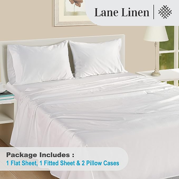 LANE LINEN 100% Egyptian Cotton Sheets Queen Size - 1000 Thread Count White Bed Sheets for Queen Size Bed, Long Staple Cotton Bedding Sheets, Sateen Weave, Luxury Hotel Sheets, Fits upto 17" Mattress - LeafyLoom