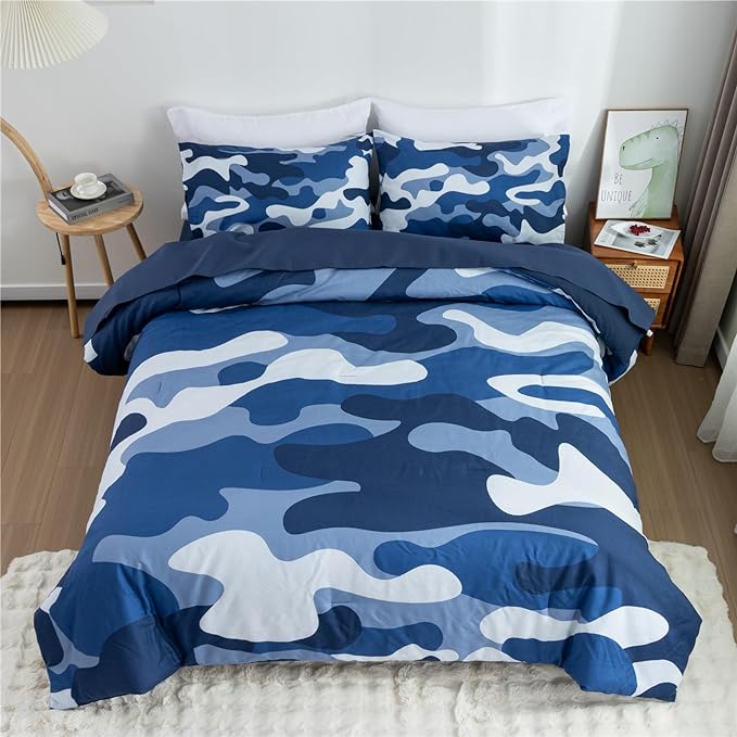 Meeting Story Camouflage Bedding Set, Colorful Pattern Style Comforter Set, 5 PCS One Comforter Two Pillowcases Two Sheets in One Bag, All Season Bedspread for Teens Adults (Navy,Twin 5Pcs) - LeafyLoom