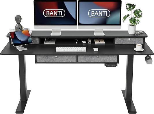 BANTI Height Adjustable Electric Standing Desk with 4 Drawers, 63 x 24 Inch Table with Storage Shelf, Sit Stand Desk, Black Top - LeafyLoom