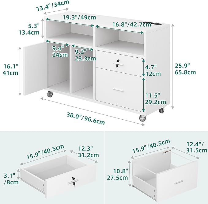 DWVO 2 Drawer File Cabinet with Charging Station, Mobile Filing Cabinet with Lock, White - LeafyLoom