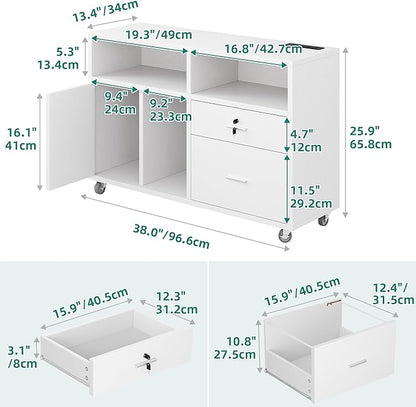 DWVO 2 Drawer File Cabinet with Charging Station, Mobile Filing Cabinet with Lock, White - LeafyLoom