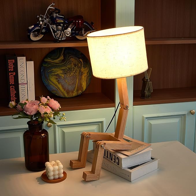 Robot Cute Desk Lamp Novelty Wooden Creative Table Lamp with Wood Base Adjustable Shape Bedside Fun Funky Lamp Reading Wood Lamp DIY Fun Robot Lamp for Bedroom, Office, Study Desk, Kids Room - LeafyLoom