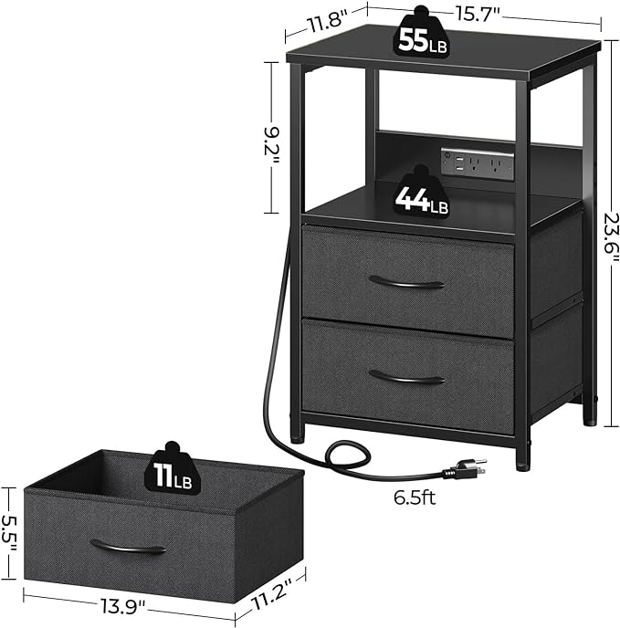 Seventable Nightstand with Charging Station, Bedside table with LED Lights, Night stand with 2 Fabric Drawers, 3-Tier Storage End Table for Bedroom, Black - LeafyLoom