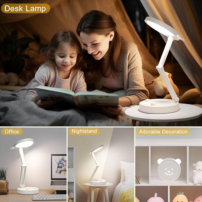 Boncoo Rechargeable Lamp, Cute Bear Battery Operated Desk Lamp Portable & Foldable, LED Cordless Lamp Dimmable with 3 Color Modes, Eye Caring Table Light Small Desk Lamps for Home Office Dorm - LeafyLoom