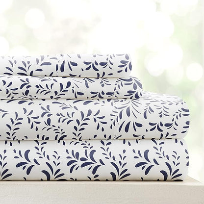 Linen Market 4 Piece Queen Bedding Sheet Set (Navy Vines) - Sleep Better Than Ever with These Ultra-Soft & Cooling Bed Sheets for Your Queen Size Bed - Deep Pocket Fits 16" Mattress - LeafyLoom