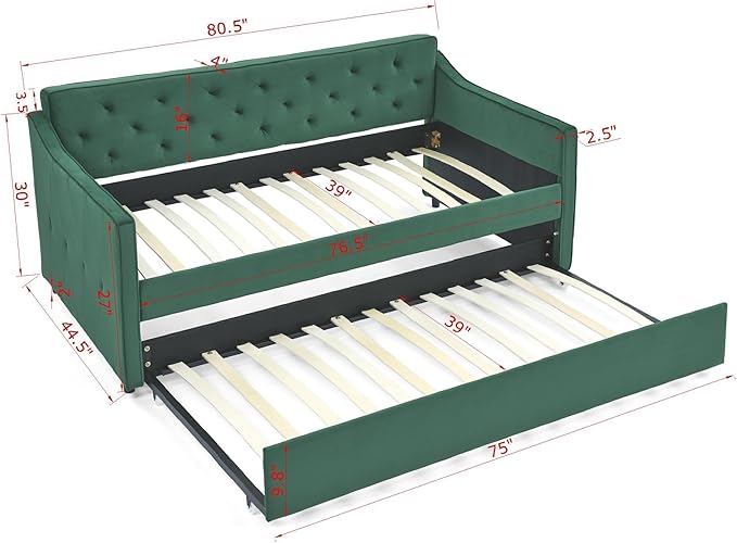 Upholstered Twin Size Daybed with Twin Trundle, Solid Wooden Bed Frame w/Button Tufted Backrest and Waved Shape Arms, No Spring Box Need, for Kids, Bedroom, Dorm - LeafyLoom