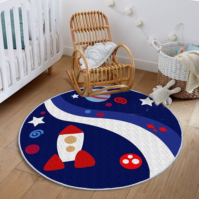 Eanpet Round Rug for Kids Room 4ft Nonslip Circle Area Rug for Boys and Girls Soft Toddlers Play Mat Circular Nursery Rug Indoor Floor Mats Carpet for Children Classroom Playroom Bedroom,Universe - LeafyLoom