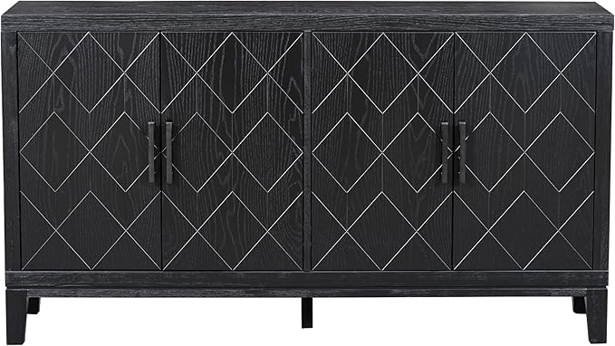 60" 4 Door Retro Sideboard with Adjustable Shelves,Wood Diamond-Shaped Lattice Pattern Storage Buffet Cabinet,w/ 4 Long Handle,for Living Dining Room,Black - LeafyLoom