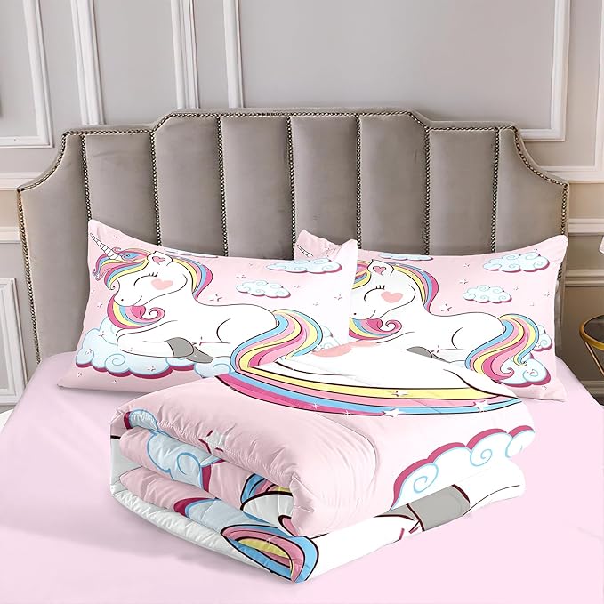 Kids Comforter Bedding Set Twin Size, 3 Piece Super Soft Breathable Print Kids Bedding Sets for Girls, Machine Washable Durable Comforter Set with Comforter and 2 Pillowcases (Twin, Pink Unicorn) - LeafyLoom