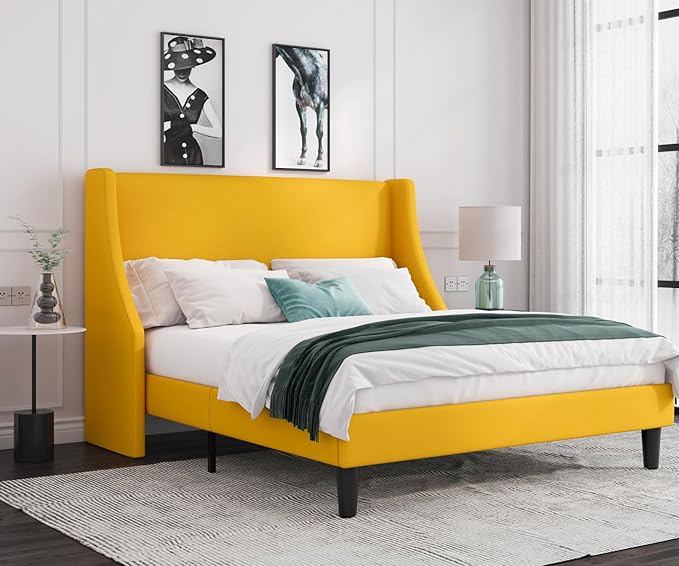 Allewie Full Size Bed Frame, Platform Bed Frame with Upholstered Headboard, Modern Deluxe Wingback, Wood Slat Support, Mattress Foundation, Light Yellow - LeafyLoom