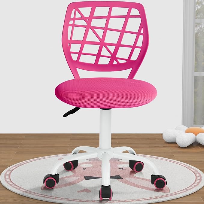 FurnitureR Kids Desk Chair, Armless Small Office Chair Adjsutable Swivel Task Chair with Soft Cushion for Study Kids Teens Child, Pink - LeafyLoom