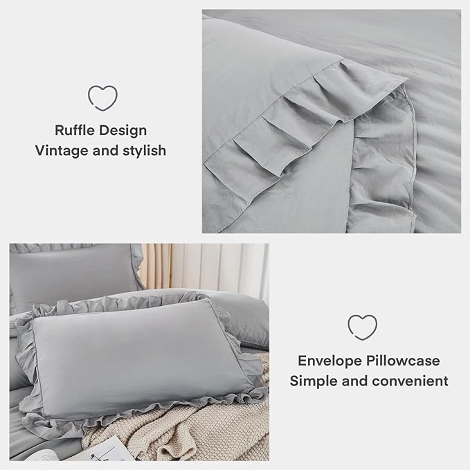 Andency Silver Gray Comforter Set Queen Size, 3 Pieces Shabby Chic Ruffle Bedding Comforter Sets for Queen Bed, Lightweight Fluffy Soft Microfiber Farmhouse Comforter Set - LeafyLoom