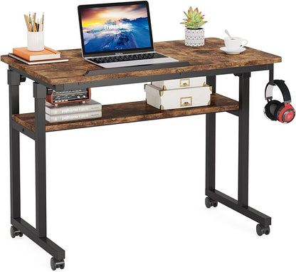 Small Portable Rolling Computer Desk Height Adjustable Standing Table, Brown - LeafyLoom