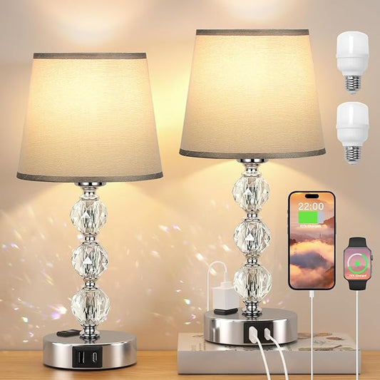 Acaxin Lamps for Bedrooms Set of 2 Nightstand- Crystal Table Lamps with USB C+A Ports & AC Outlet for Charging, 3 Way Dimmable Touch Silver Small Bed Side Table Lamp for Living Room/Guest Room - LeafyLoom