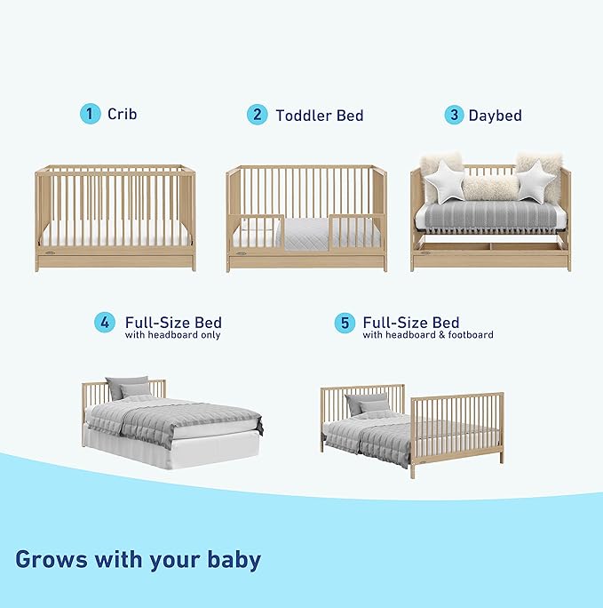 Graco Teddi 5-in-1 Convertible Crib with Drawer (Driftwood) – GREENGUARD Gold Certified, Crib with Drawer Combo, Full-Size Nursery Storage Drawer, Converts to Toddler Bed, Daybed and Full-Size Bed - LeafyLoom